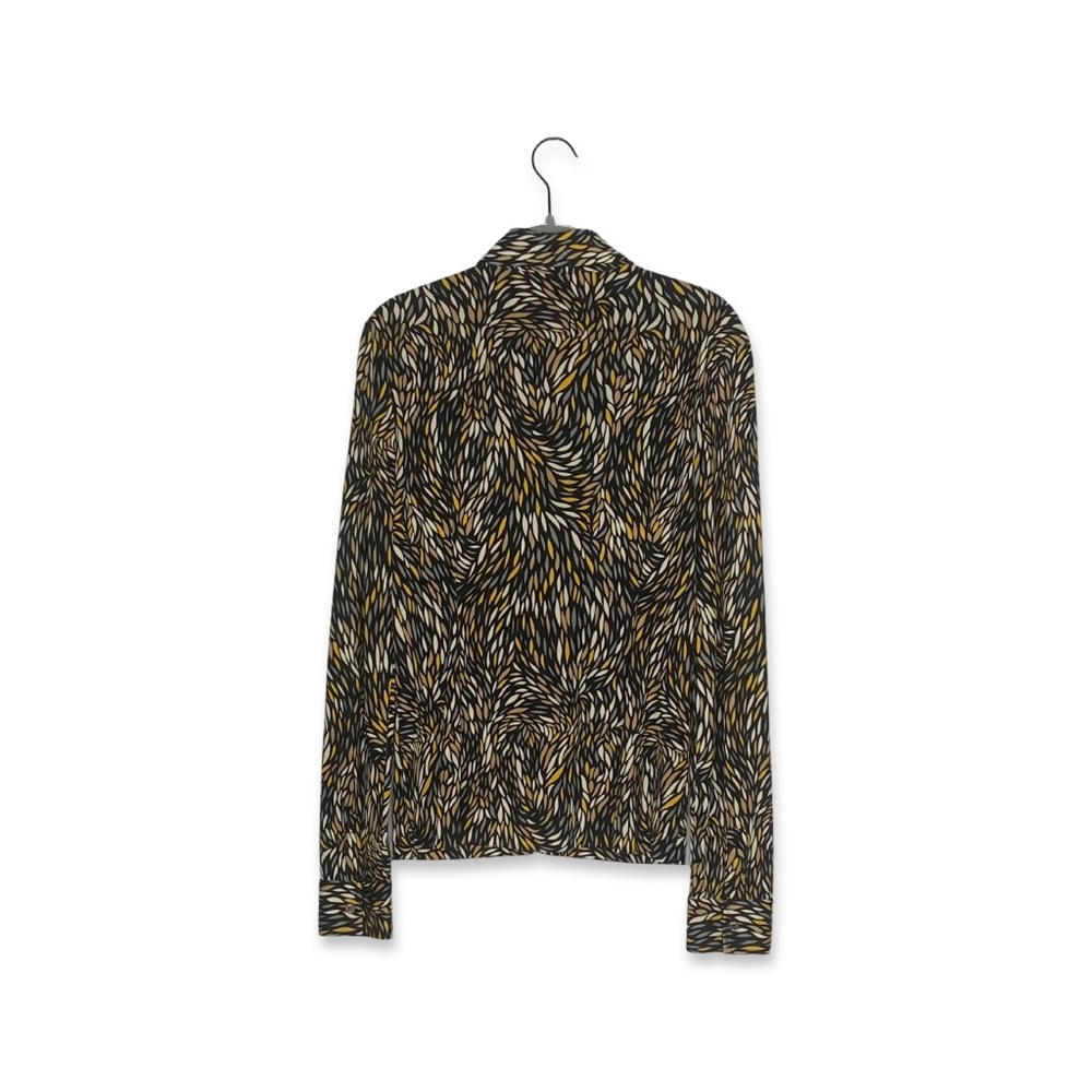 Tory Burch Black Gray Yellow and Cream Patterned 100% Silk Long Sleeve Top - Picture 2 of 4